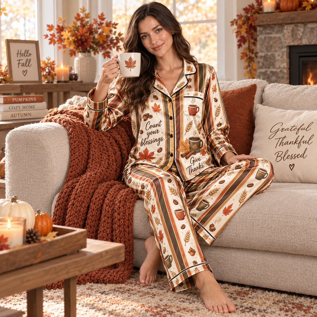 back view of thanksgiving satin pyjama set showing happy thanksgiving quote