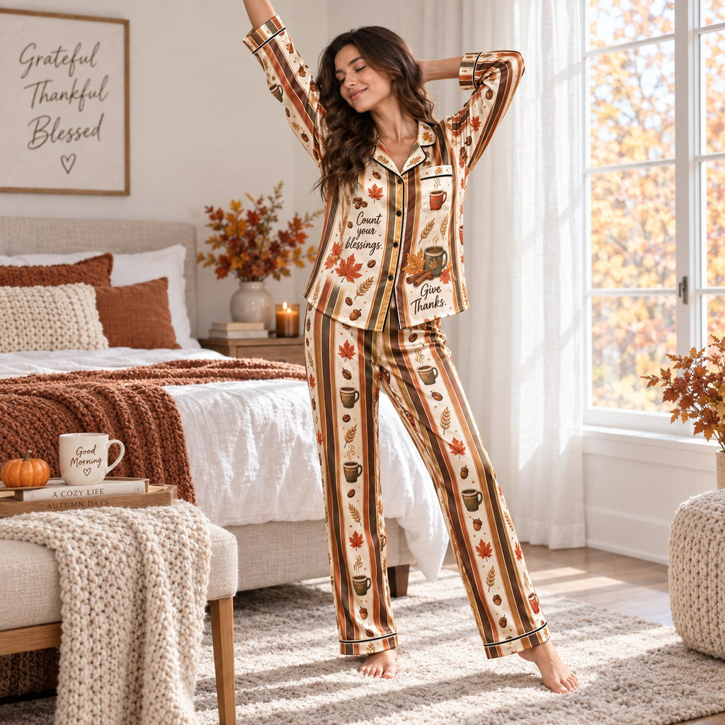 woman relaxing on couch in autumn coffee cup print satin pyjamas