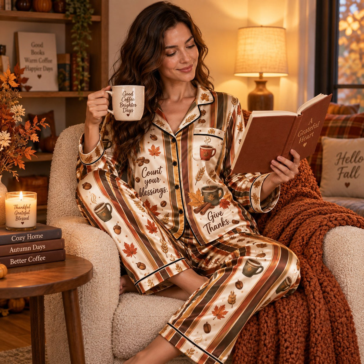 happy thanksgiving satin pyjamas styled in a cozy autumn bedroom