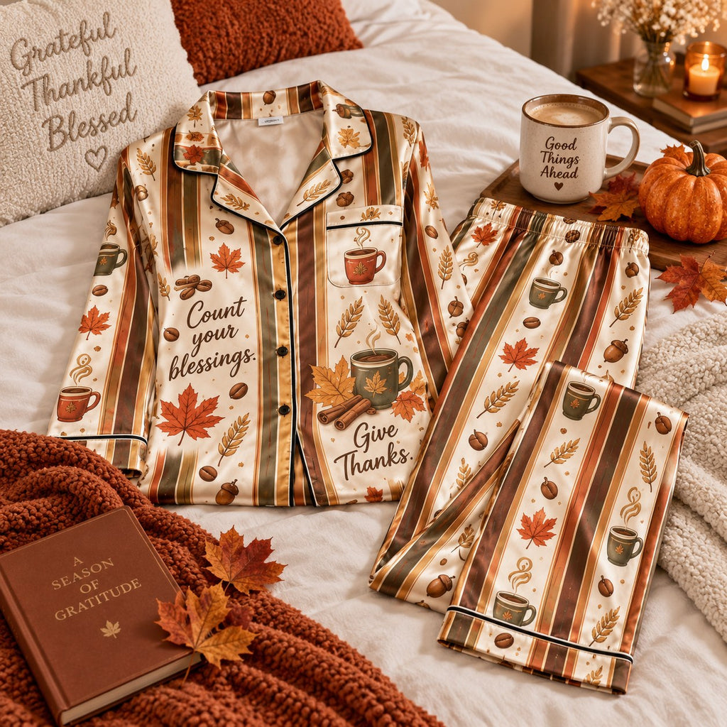 Happy Thanksgiving Autumn Leaves Coffee Cups Satin Pyjamas, Lounge Pyjamas, Sleep In Pyjamas