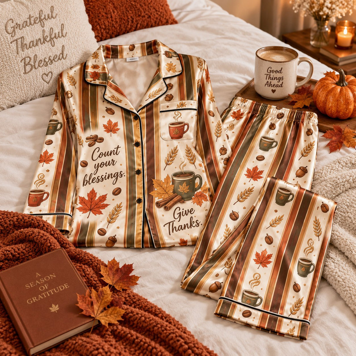 Happy Thanksgiving Autumn Leaves Coffee Cups Satin Pyjamas, Lounge Pyjamas, Sleep In Pyjamas