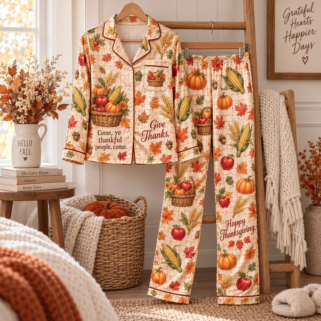 Happy Thanksgiving Satin Pyjamas, Come Ye Thankful People Lounge Pyjamas, Red Satin Pyjamas