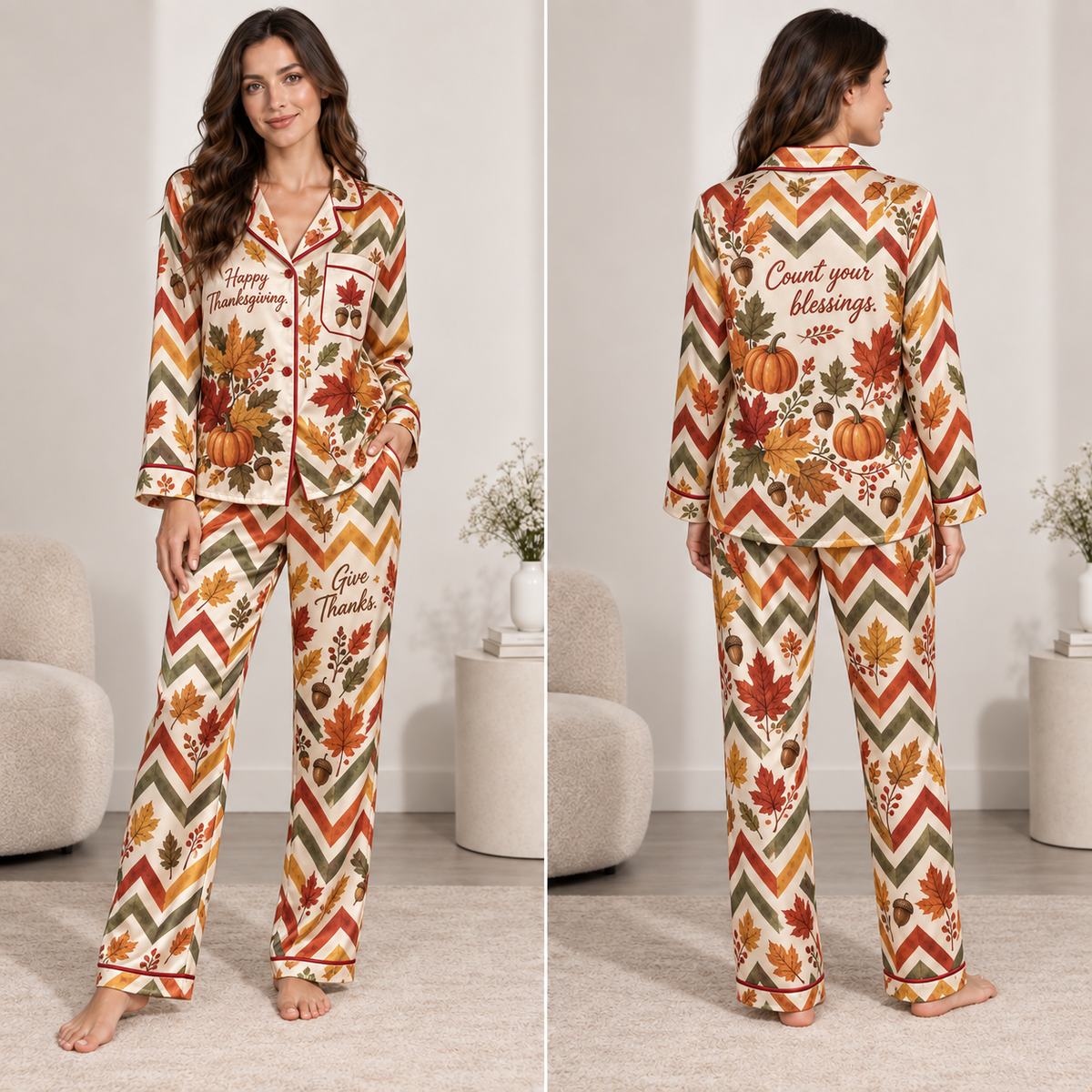 satin pyjamas with happy thanksgiving autumn leaves pumpkin print