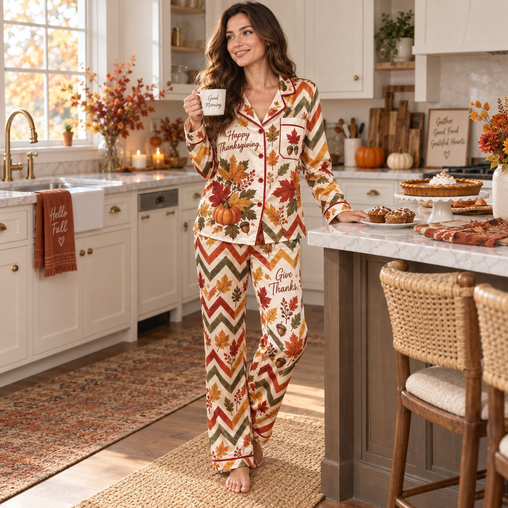 woman reading on the bed wearing thanksgiving print satin pyjamas