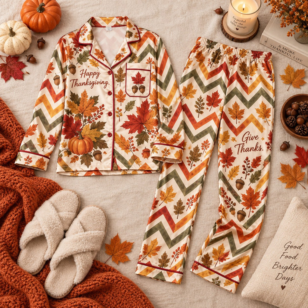 Happy Thanksgiving Autumn Leaves Pumpkins Acorns Satin Pyjamas, Lounging Pyjamas, Sleep In Pyjamas