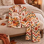 Happy Thanksgiving Autumn Leaves Pumpkins Acorns Satin Pyjamas, Lounging Pyjamas, Sleep In Pyjamas