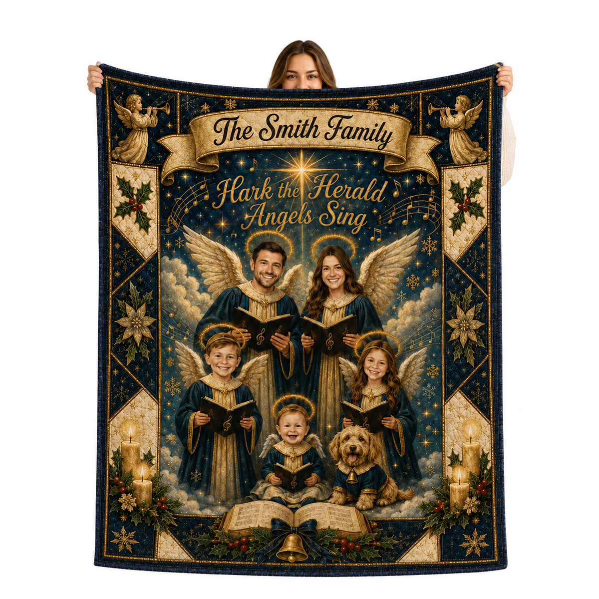 custom family portrait fleece blanket with angels and hark the herald angels