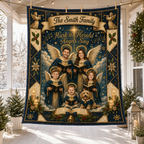 blue throw blanket with custom family photo as angels hanging