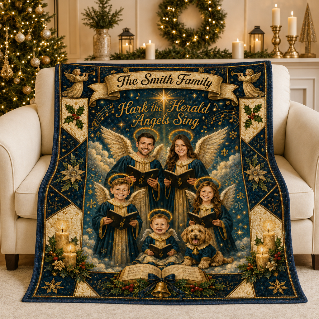navy blue blanket with personalized family angel choir design draped over