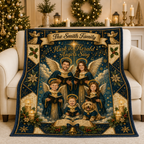 navy blue blanket with personalized family angel choir design draped over