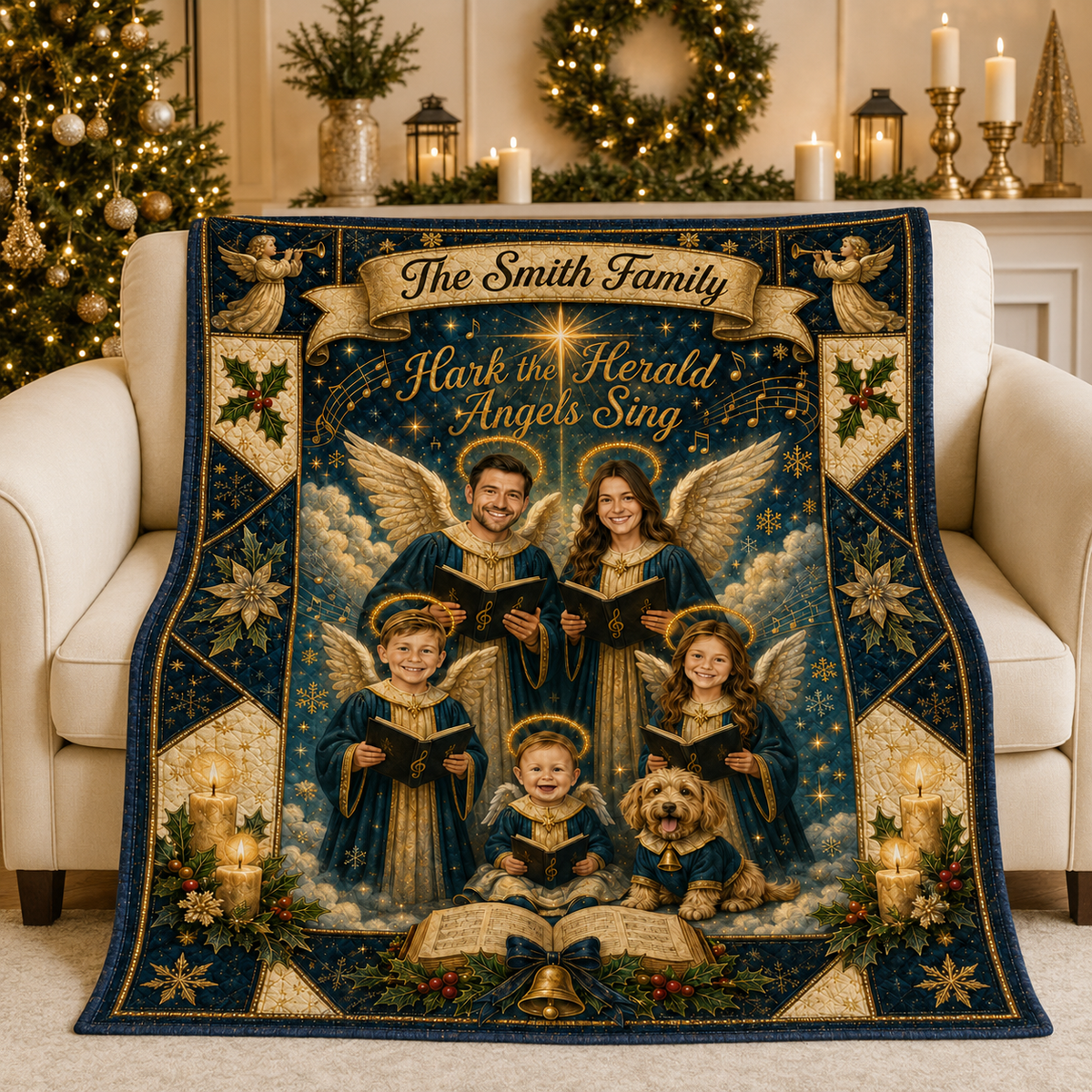 navy blue blanket with personalized family angel choir design draped over