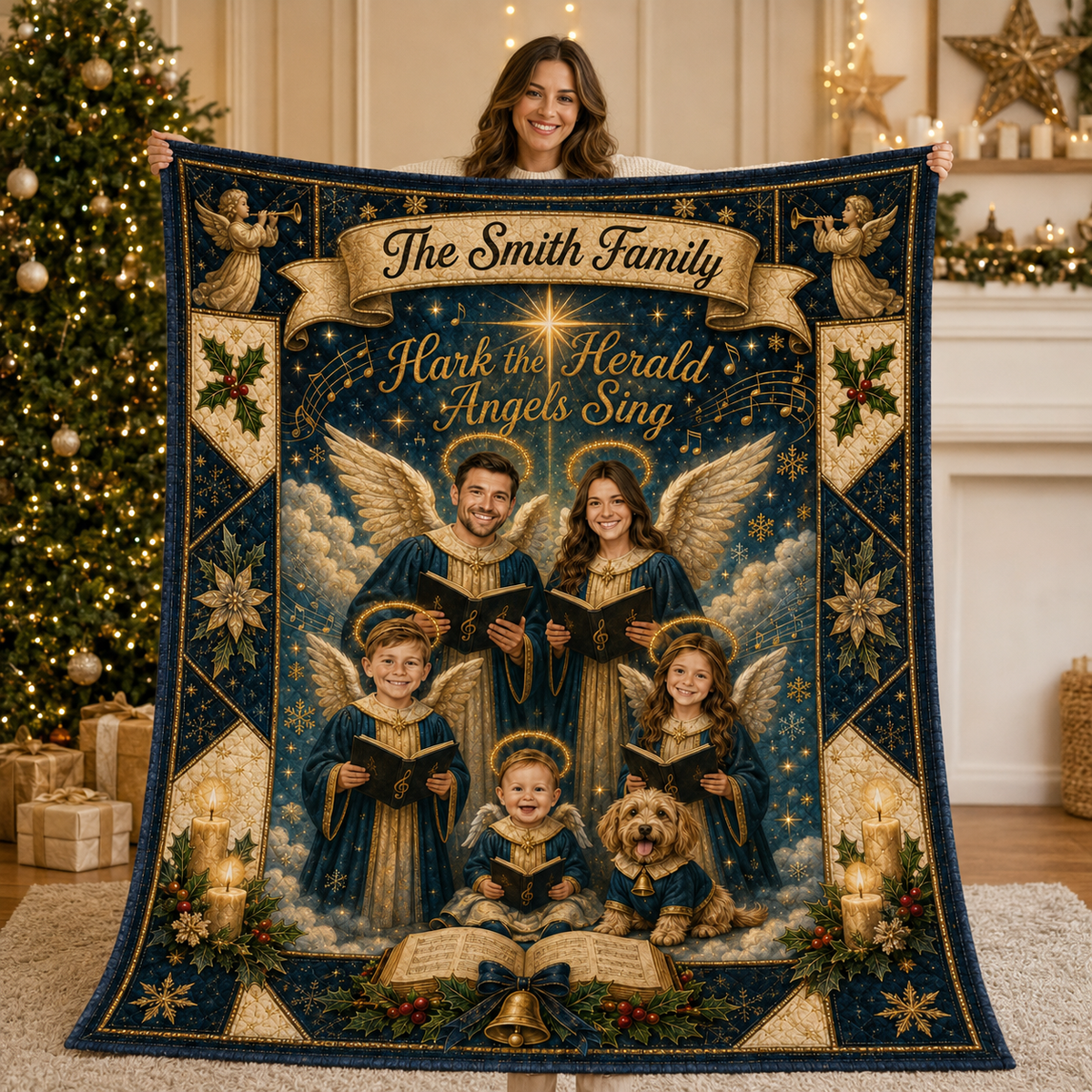holiday throw blanket with custom family name banner held up