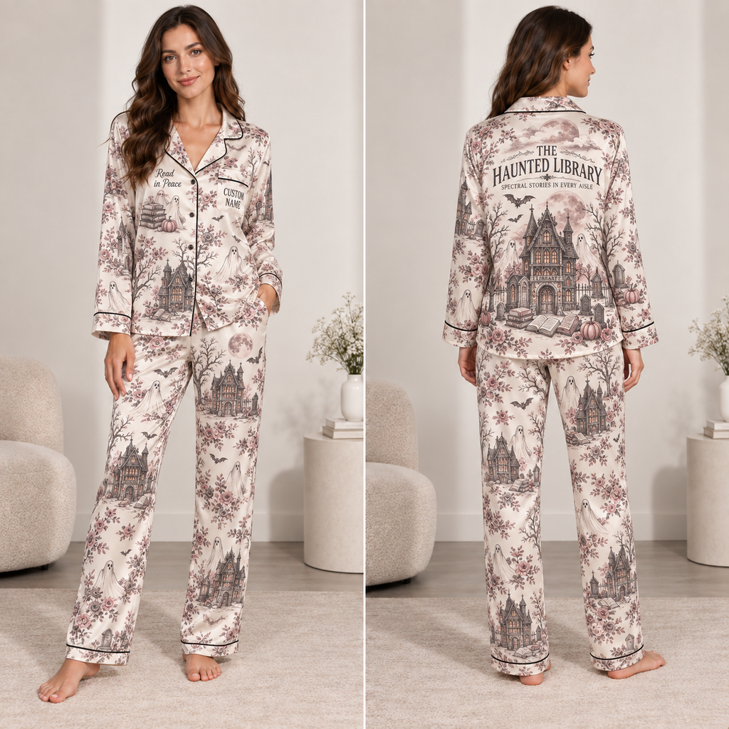 woman modeling a satin halloween pajama set with haunted library and ghost