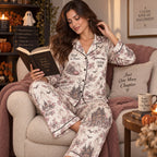 back view of halloween pajama set showing the haunted library spectral stories