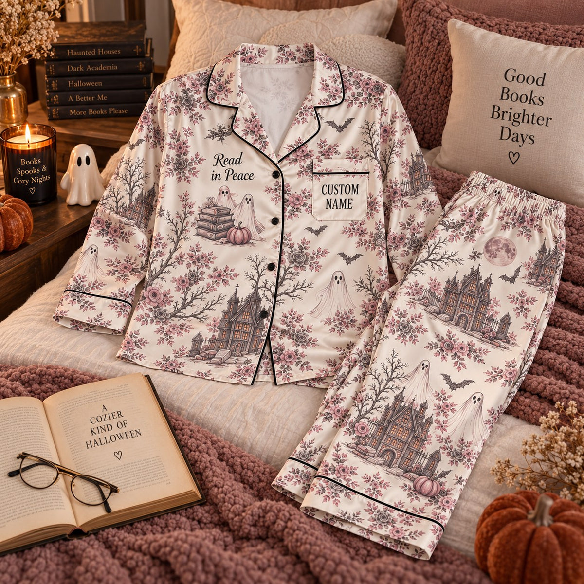 pink ghost toile satin pajamas flat lay with a custom name on the chest