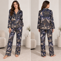 model wearing haunted library halloween pajamas front view
