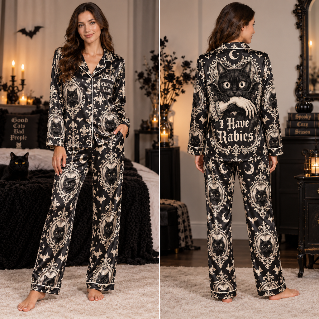 woman modelling black cat I Have Rabies Halloween satin pajama set