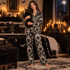 back view of Halloween satin pajama set showing I Have Rabies black