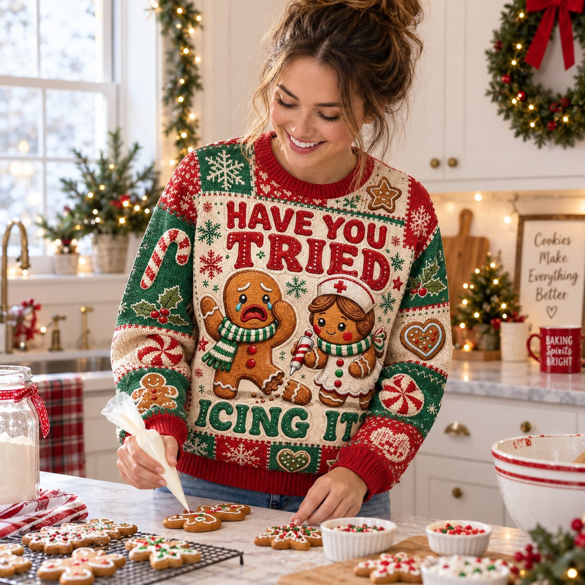 gingerbread nurse christmas sweater being iced on a holiday kitchen counter