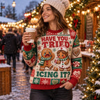 woman wearing Have You Tried Icing It gingerbread ugly christmas sweater with