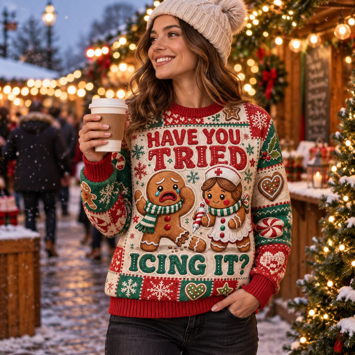 woman wearing Have You Tried Icing It gingerbread ugly christmas sweater with