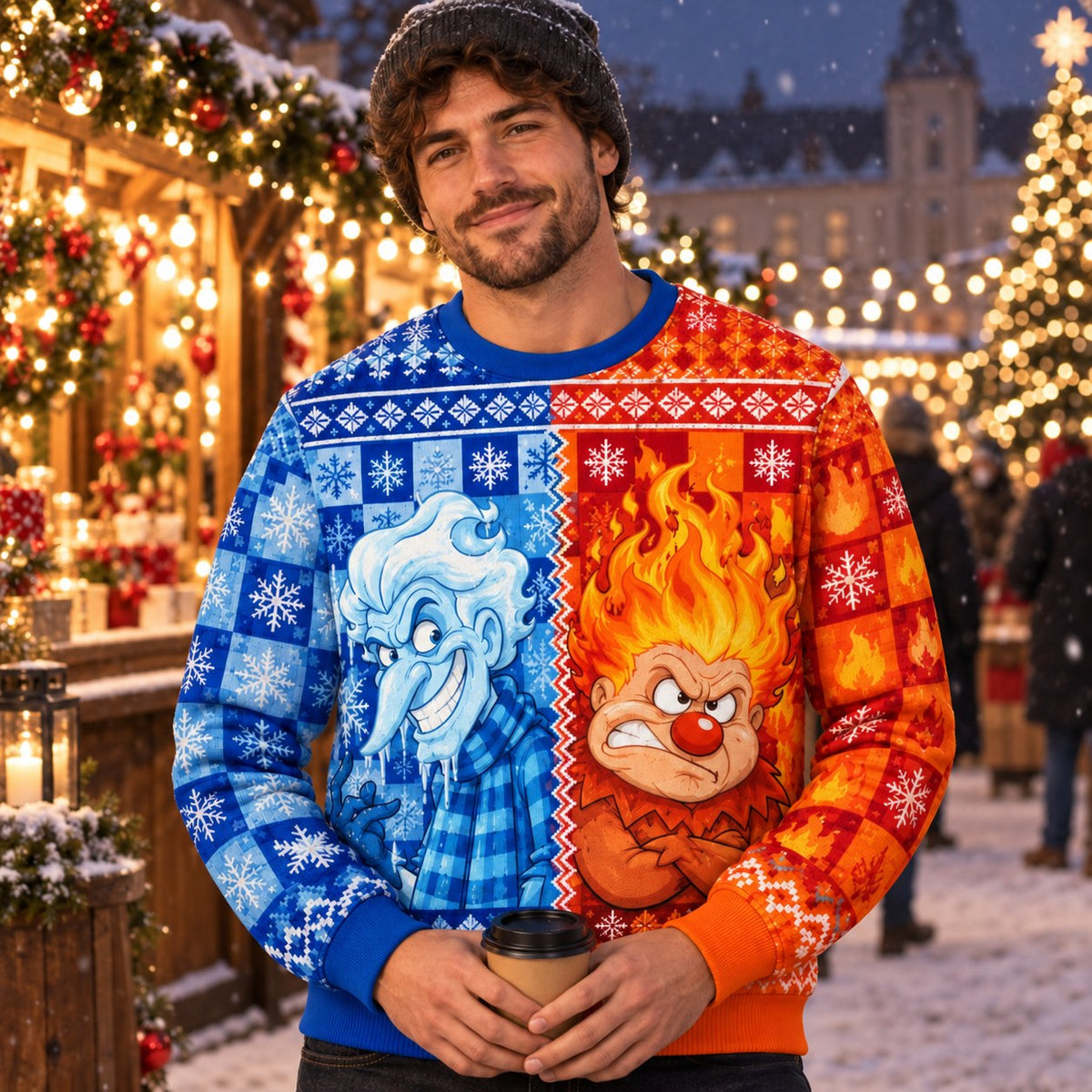 heat miser and snow miser ugly christmas sweater split design