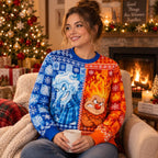 snow miser and heat miser christmas sweater worn by woman