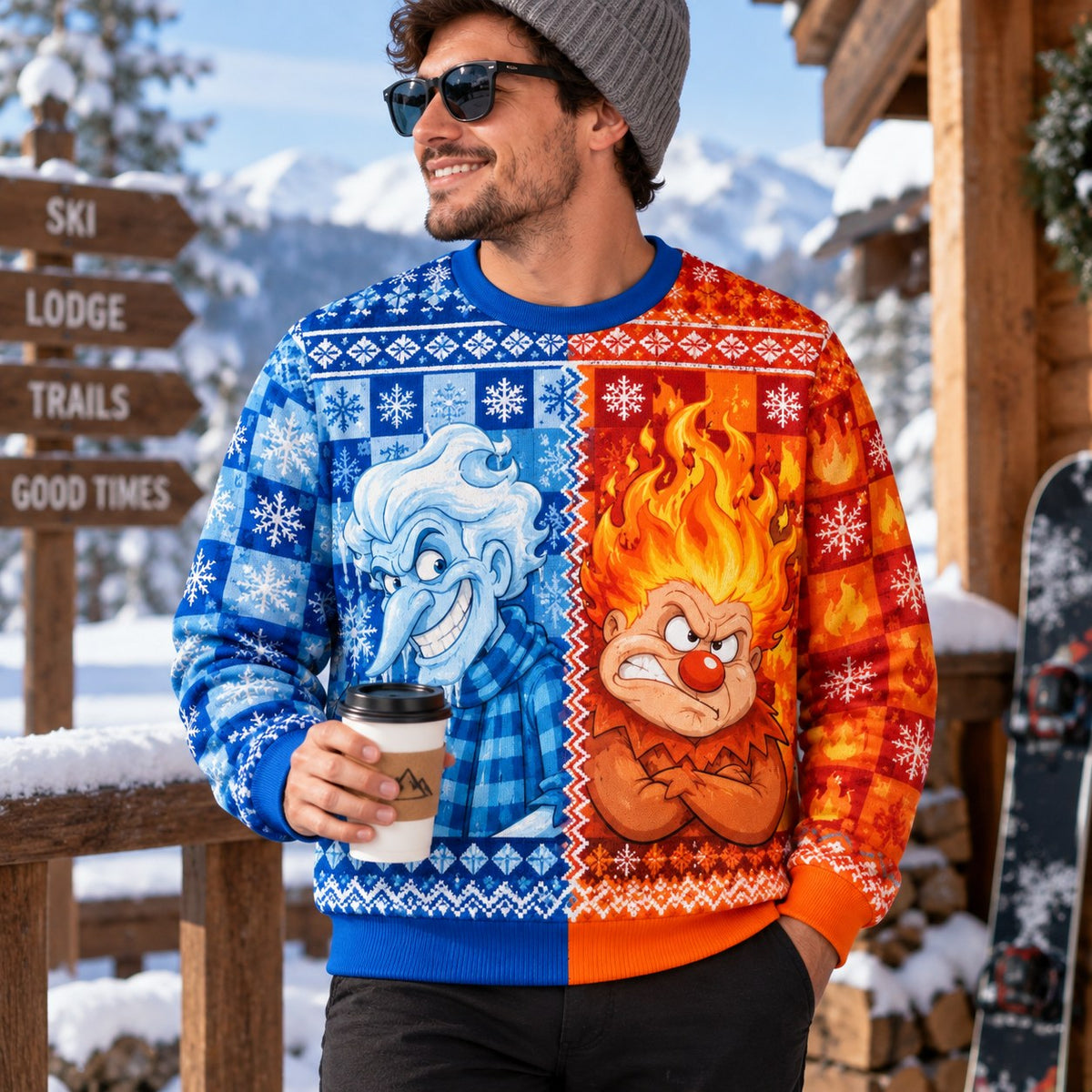heat miser and snow miser holiday sweater with coffee cup