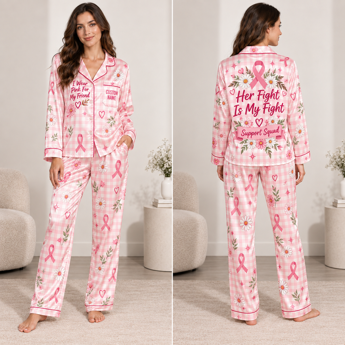 woman wearing pink breast cancer awareness satin pajama set