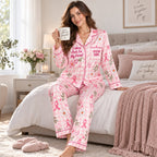 back view of support squad pink ribbon satin pajama set