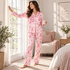 woman in pink gingham ribbon satin pajamas with a custom name on the chest