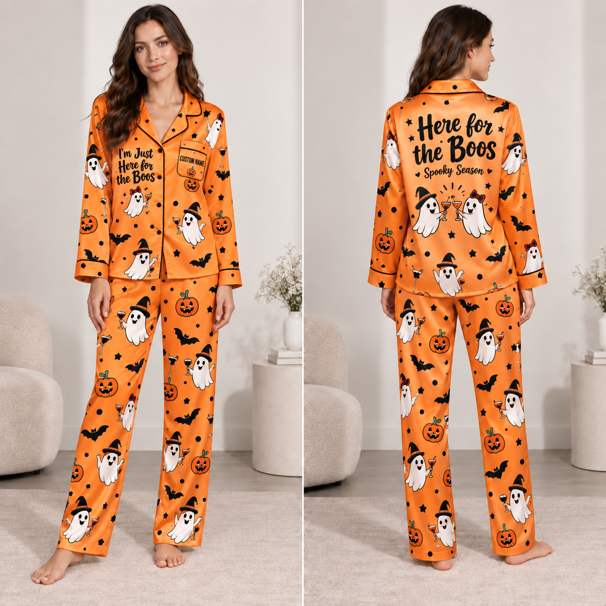 halloween satin pajamas set with ghosts pumpkins and bats printed all