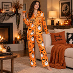halloween ghost print pajamas in a living room with jack o lantern