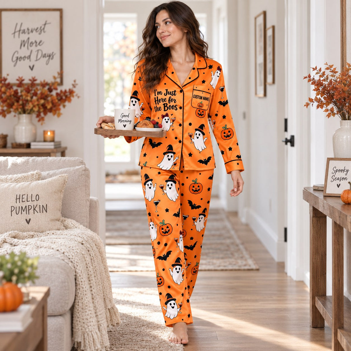 Custom name halloween satin pajama set styled with spooky pillows