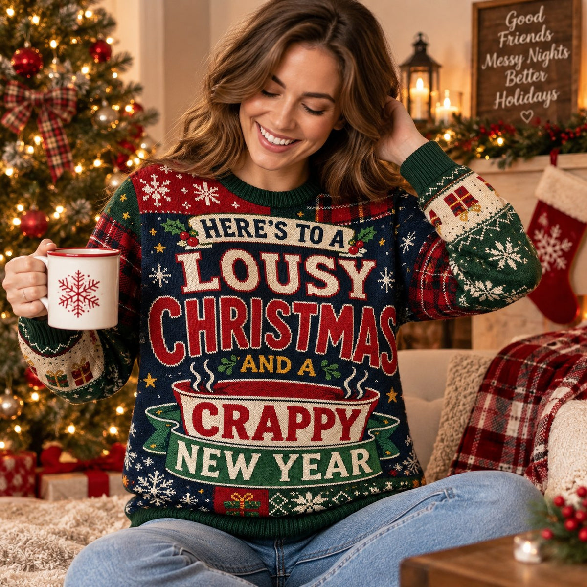 woman wearing a multicoloured ugly christmas sweater with the slogan here's to