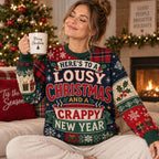 woman posing in front of a fireplace wearing an all over print