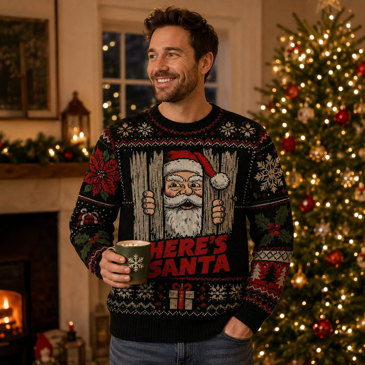 man wearing an ugly christmas sweater with here's santa printed on the