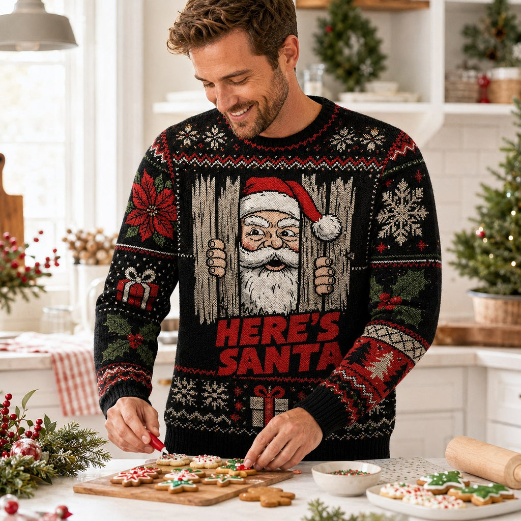 man decorating cookies in a here's santa holiday sweater in a festive