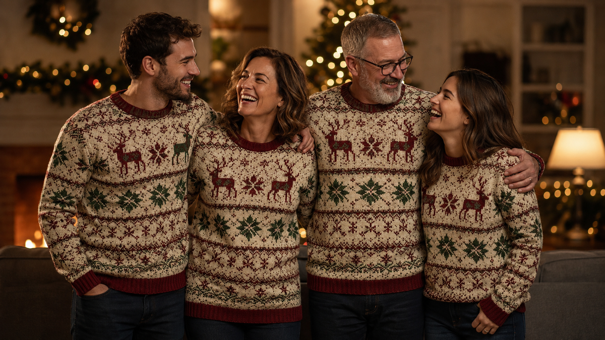 family in matching knitted christmas sweaters
