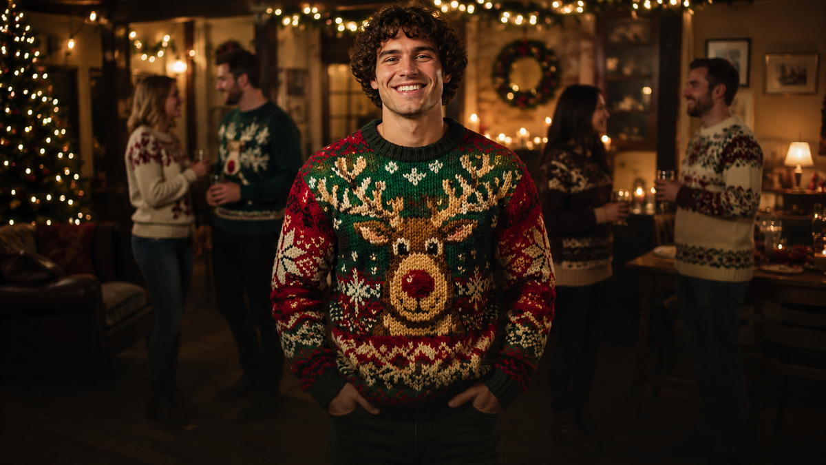 friends at holiday party wearing ugly christmas sweaters