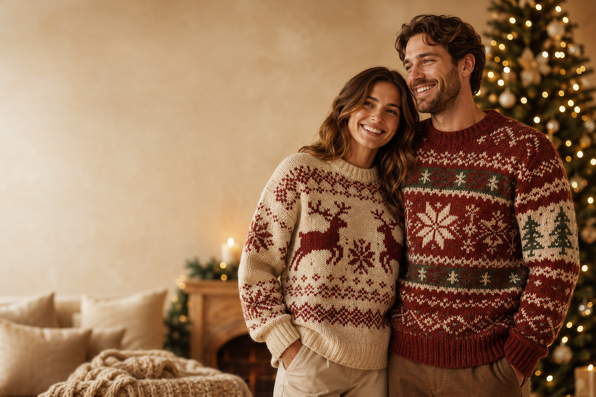 couple wearing real knitted ugly christmas sweaters by the fireplace