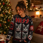 woman wearing an ugly christmas sweater with four grumpy christmas cats and