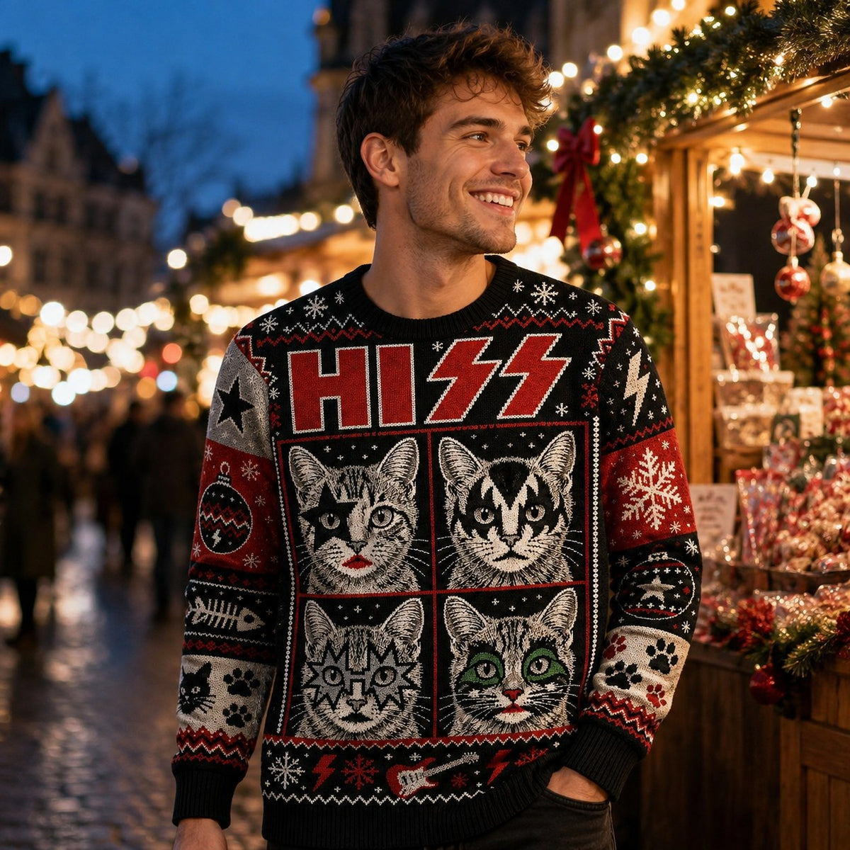 man smiling in a funny christmas sweater printed with four hissing holiday