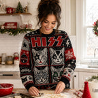 woman baking in a kitchen wearing a cat-themed HISS HO HO HOE