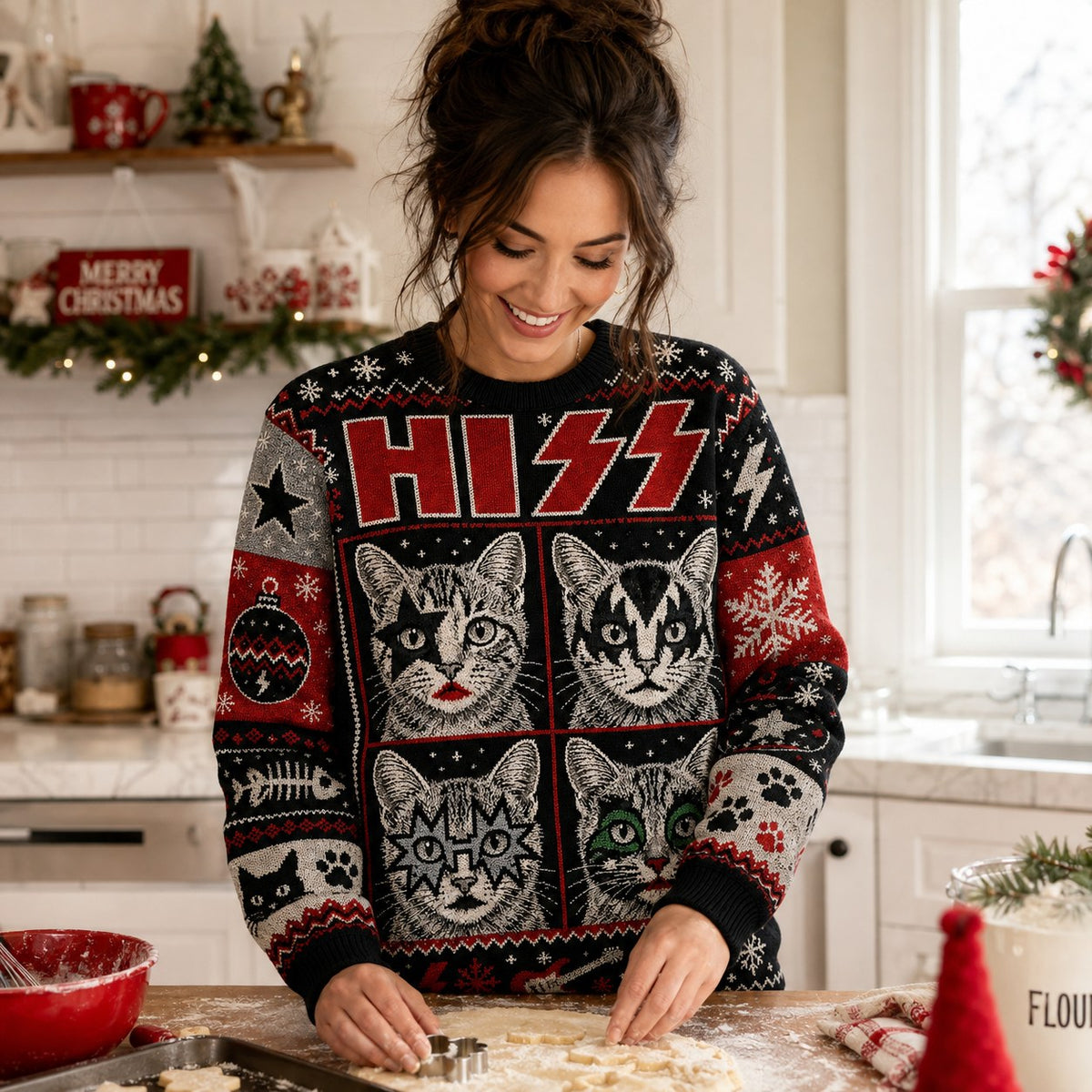 woman baking in a kitchen wearing a cat-themed HISS HO HO HOE