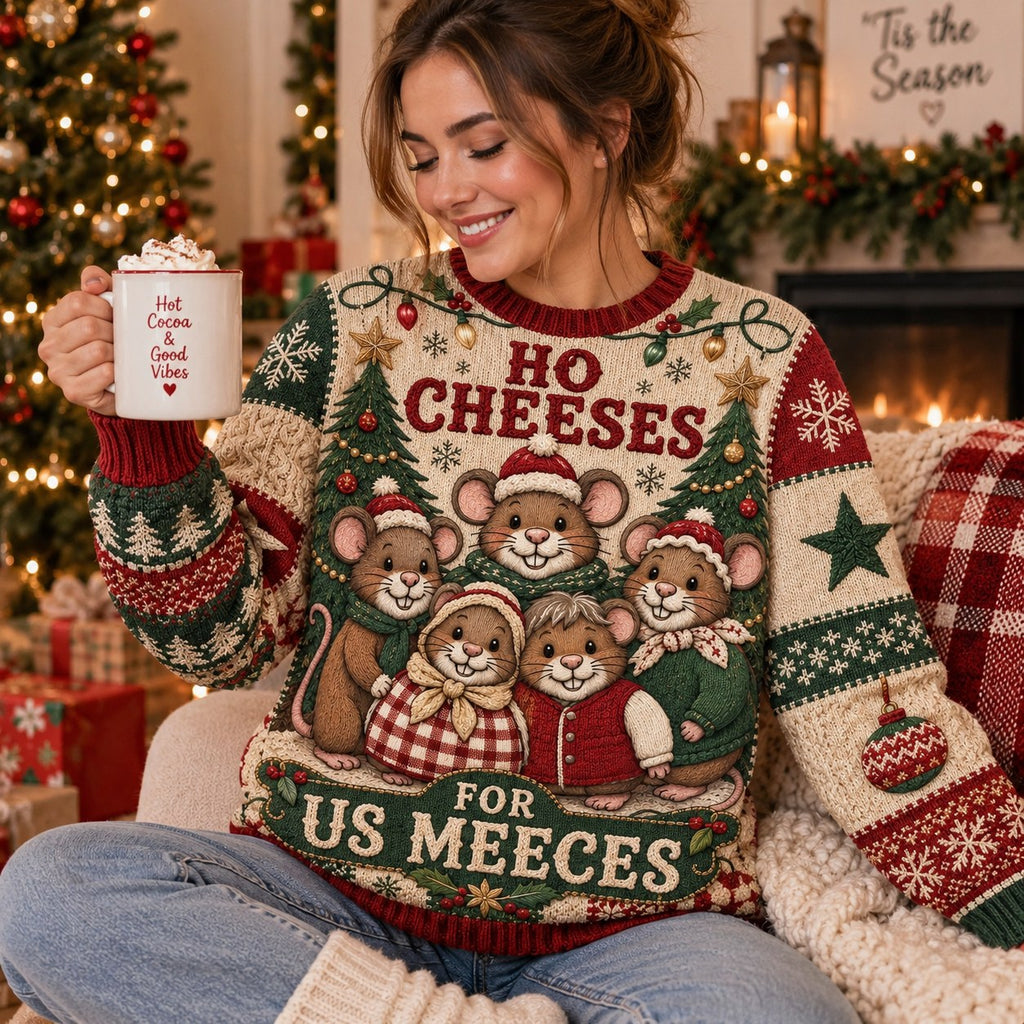 funny christmas jumper showing ho cheeses us meeces mice