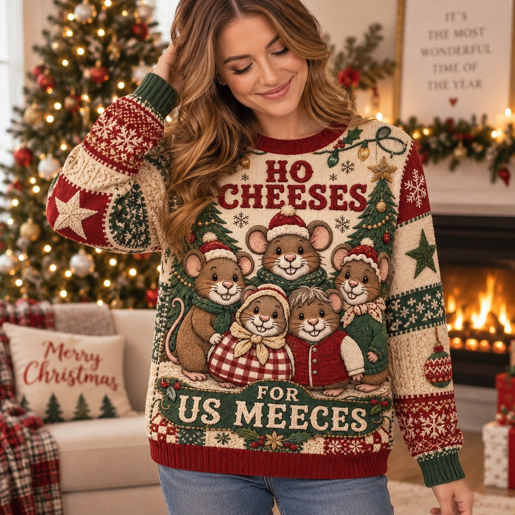back view of red green holiday sweater with mice pattern