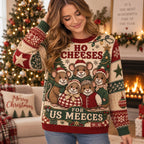 back view of red green holiday sweater with mice pattern