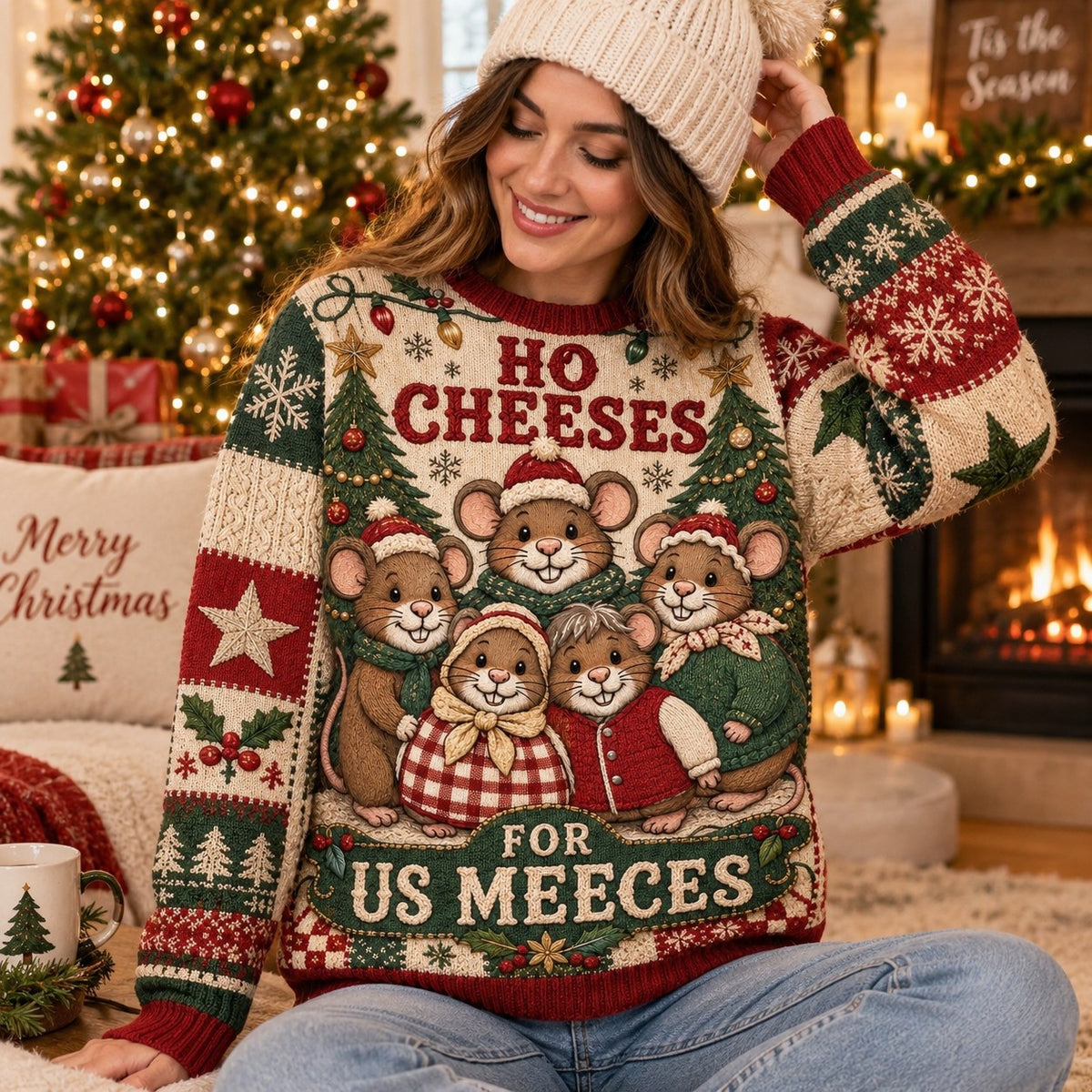 close up of cartoon mice and snowflakes on christmas sweater
