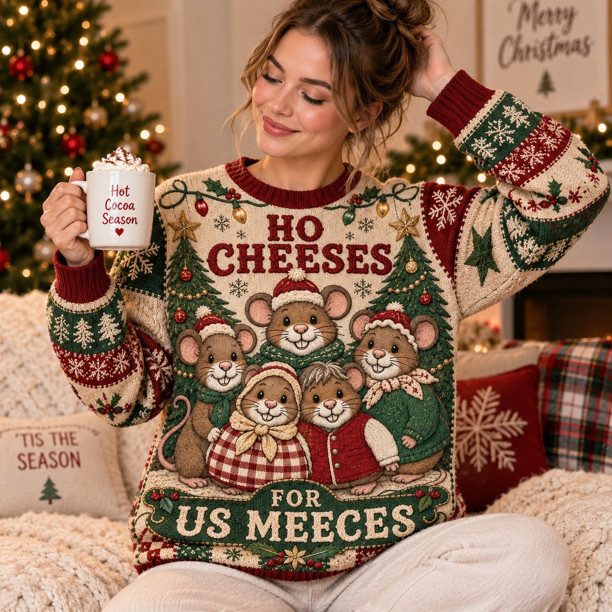 Ho Cheeses For Us Meeces Mice Family Ugly Christmas Sweater, Funny Christmas Jumper, Holiday Party Sweater Gifts For Her
